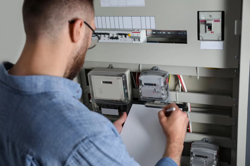 A man is holding a notepad, looking at an electrical meter and jotting down the watts being used to run the home.