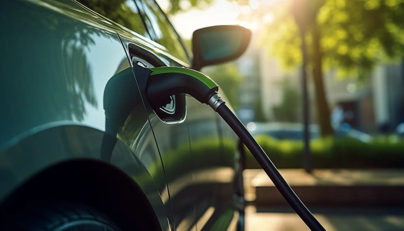 A close-up of an electric vehicle being charged in the afternoon light.