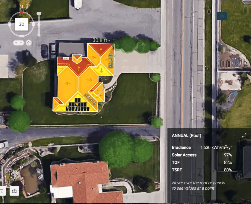 Annual irradiance values on a roof plane