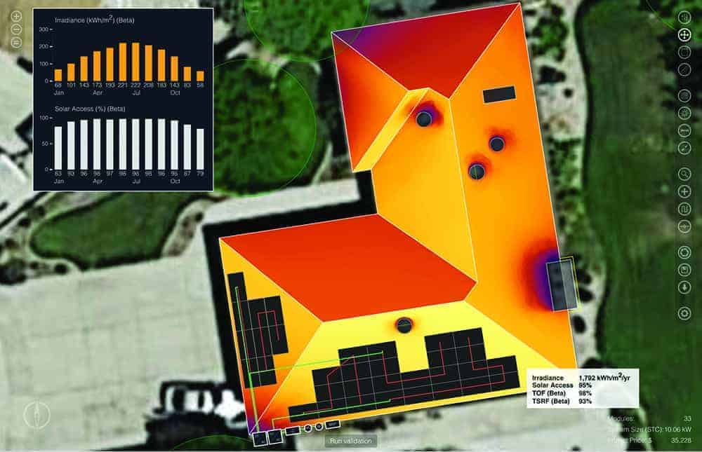 Model of a house created in Aurora, showing irradiance map of the roof, system design, and projected energy production. Aurora estimates that the 10 kW array shown here has a weighted total solar resource fraction of 86% and will generate 12.85 MWh of energy in year 1.