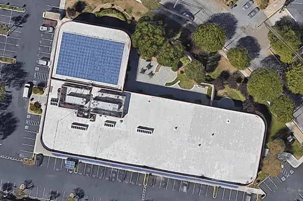 An aerial view of the IBEW Local 332 union hall in San Jose