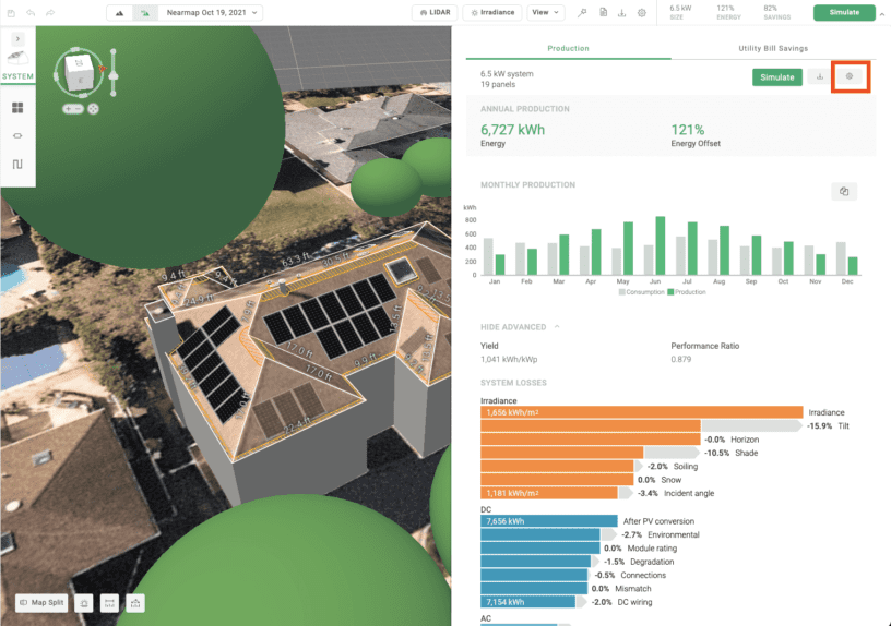 3D building visual with solar panels on the roof, showing detailed energy analytics