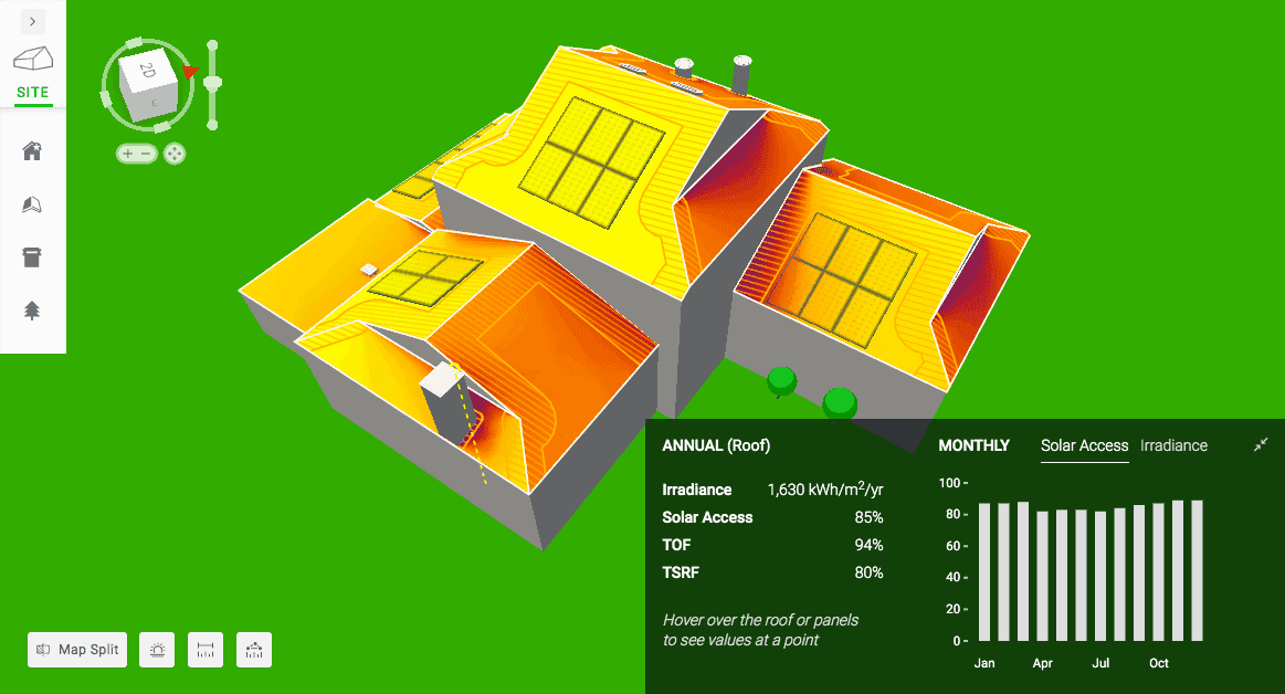 An Aurora Solar irradiance map is a helpful tool for solar sales to show homeowners how much sun reaches their property.