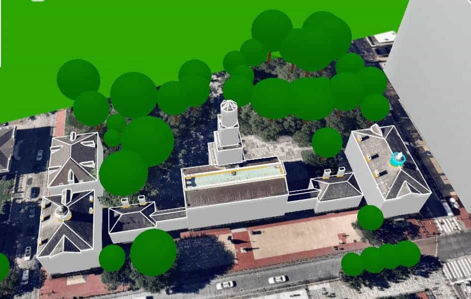 A 3D view of our site model of Independence Hall, designed in Aurora Solar.