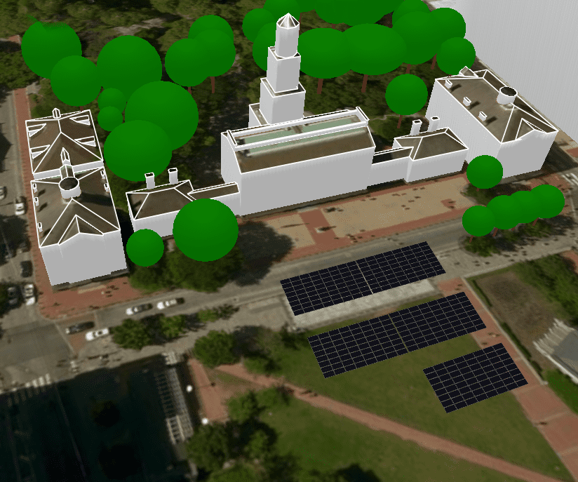 A 3D view of a groundmount solar design for Independence Hall, created in Aurora Solar