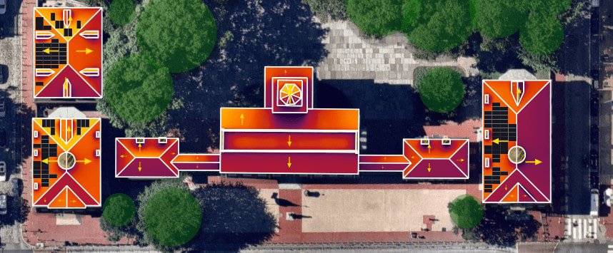 An initial solar design for Independence Hall; Aurora only placed panels where the Solar Access Percentage was greater than 80%.