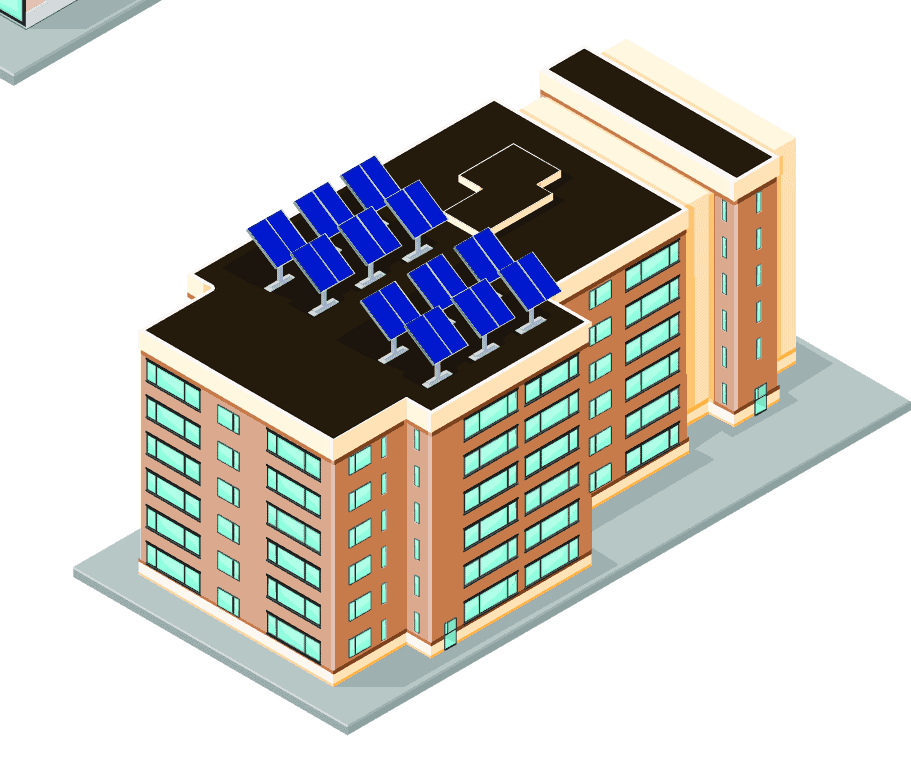 illustration of a multi-family apartment building with a solar array (virtual net metering enables shared solar)