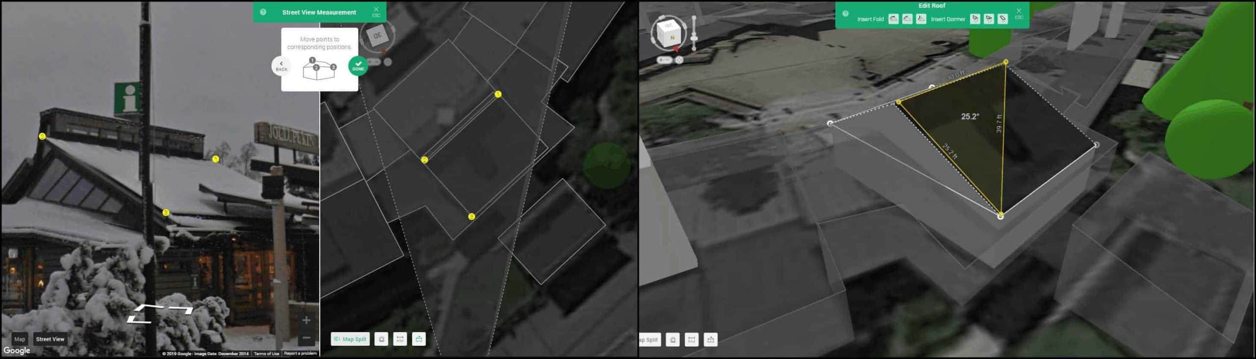 Using Aurora's StreetView measurements tool to measure the roof pitch at Santa Claus Village in Rovaniemi, Finland