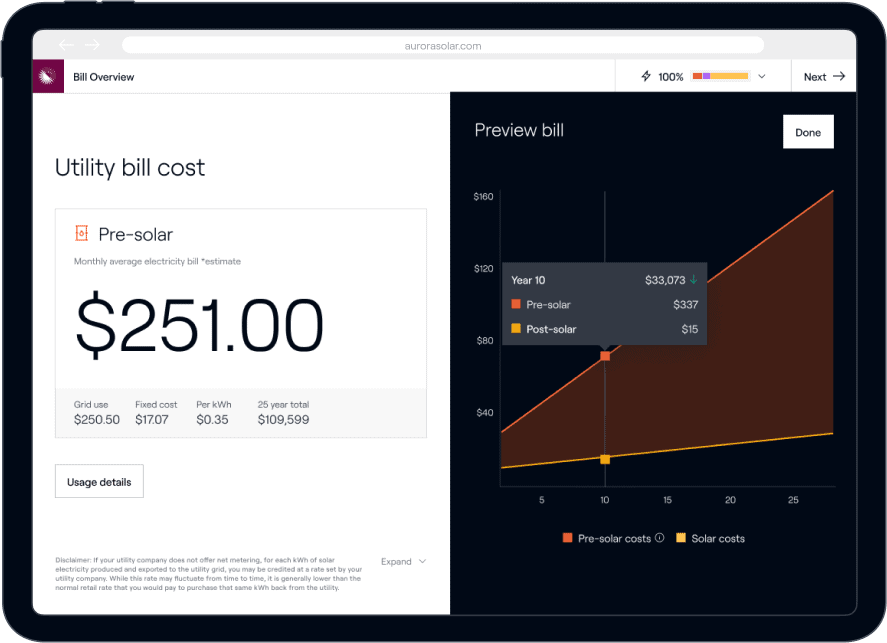 Utility bill comparison pre and post-solar installation in a browser window.