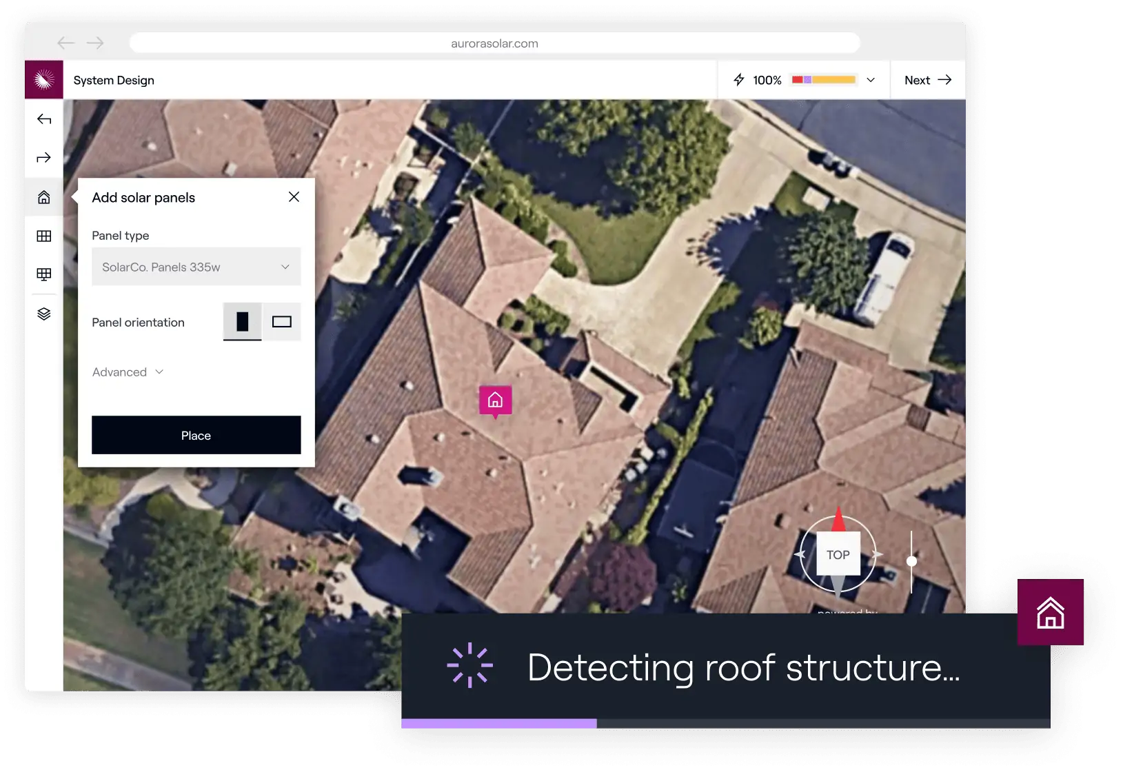 Solar panel installation planning tool on an aerial neighborhood view for roof design