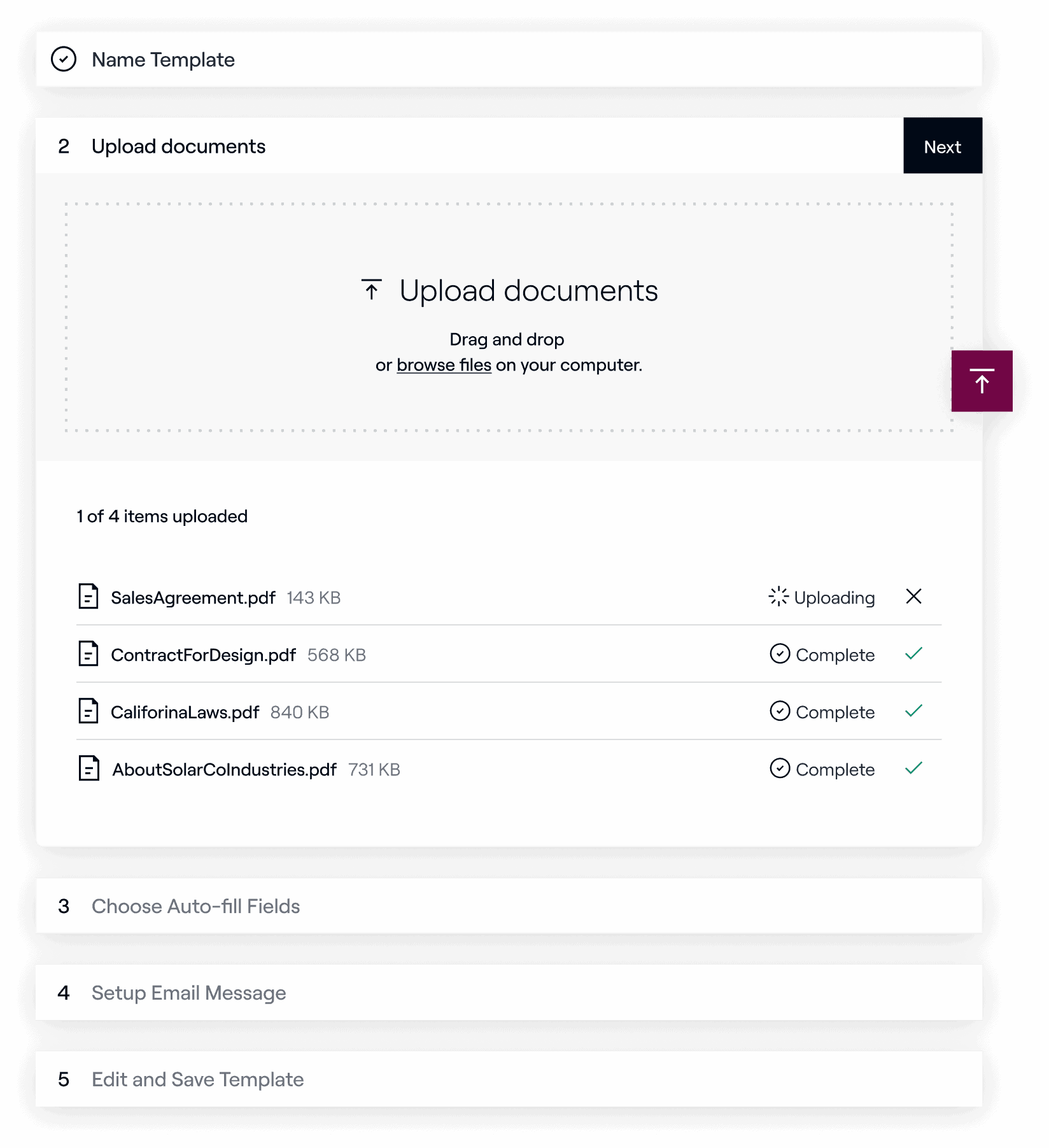 Document upload UI with drag-and-drop functionality.