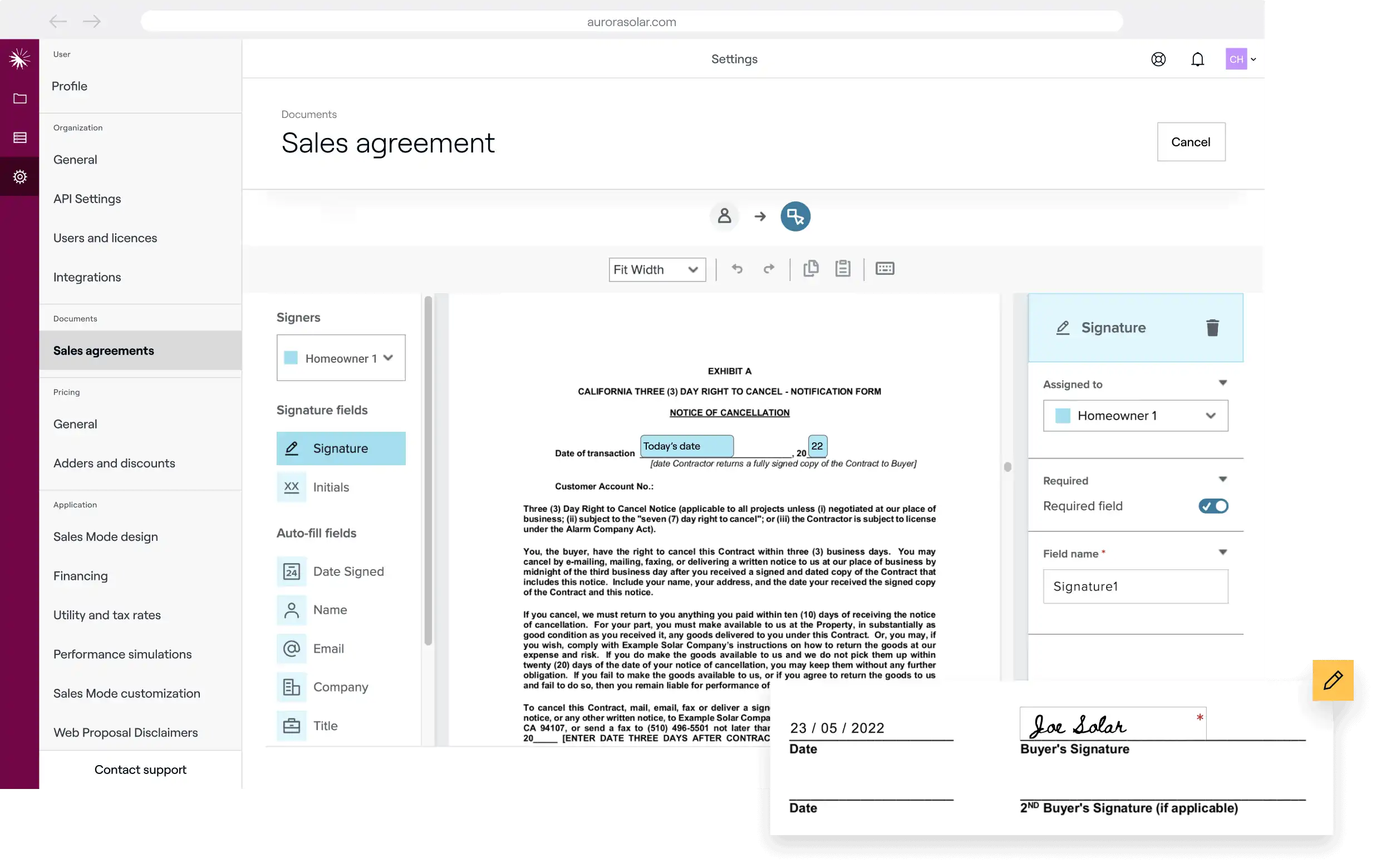 Document management interface showing status of various agreements.