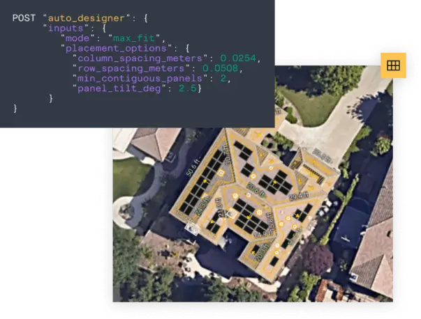 Aerial view of a solar panel layout design overlaid on a residential roof using a computer software interface for optimal placement.
