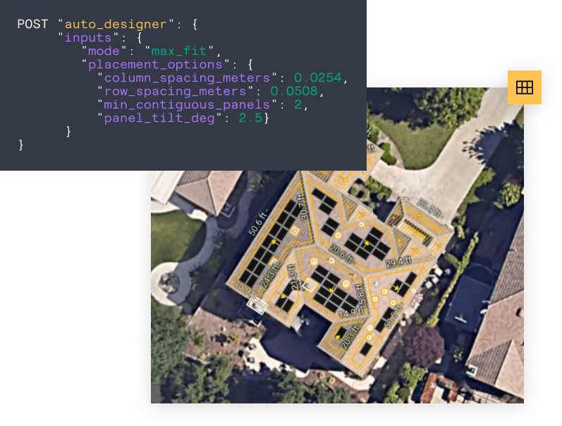 Aerial view of a solar panel layout design overlaid on a residential roof using a computer software interface for optimal placement.