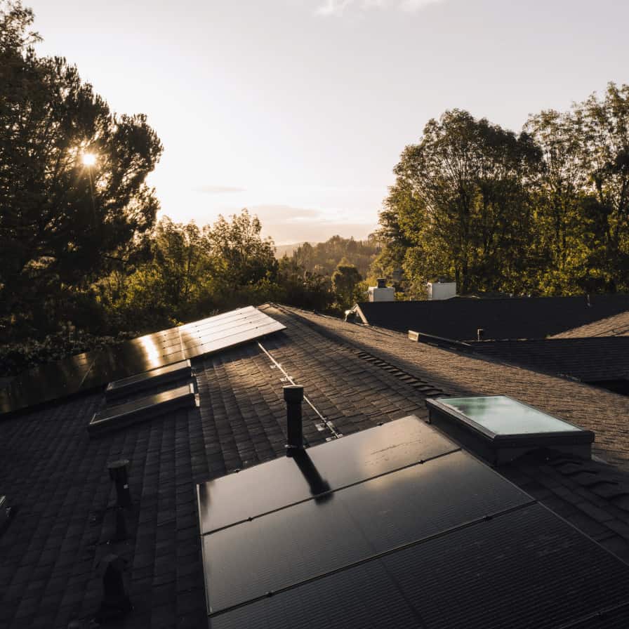 Rooftop at dusk featuring solar panels and a skylight, with the warm glow of the setting sun filtering through the trees.