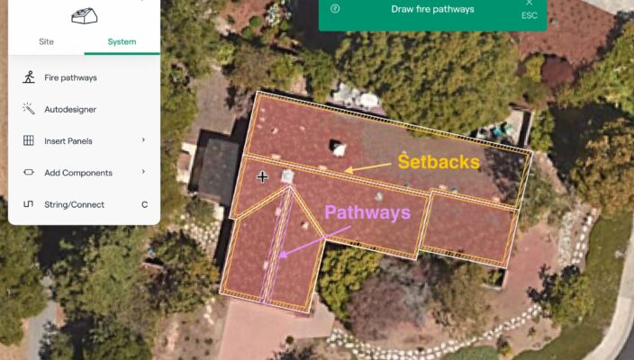 Site planning interface with aerial view showing fire pathways and setbacks.