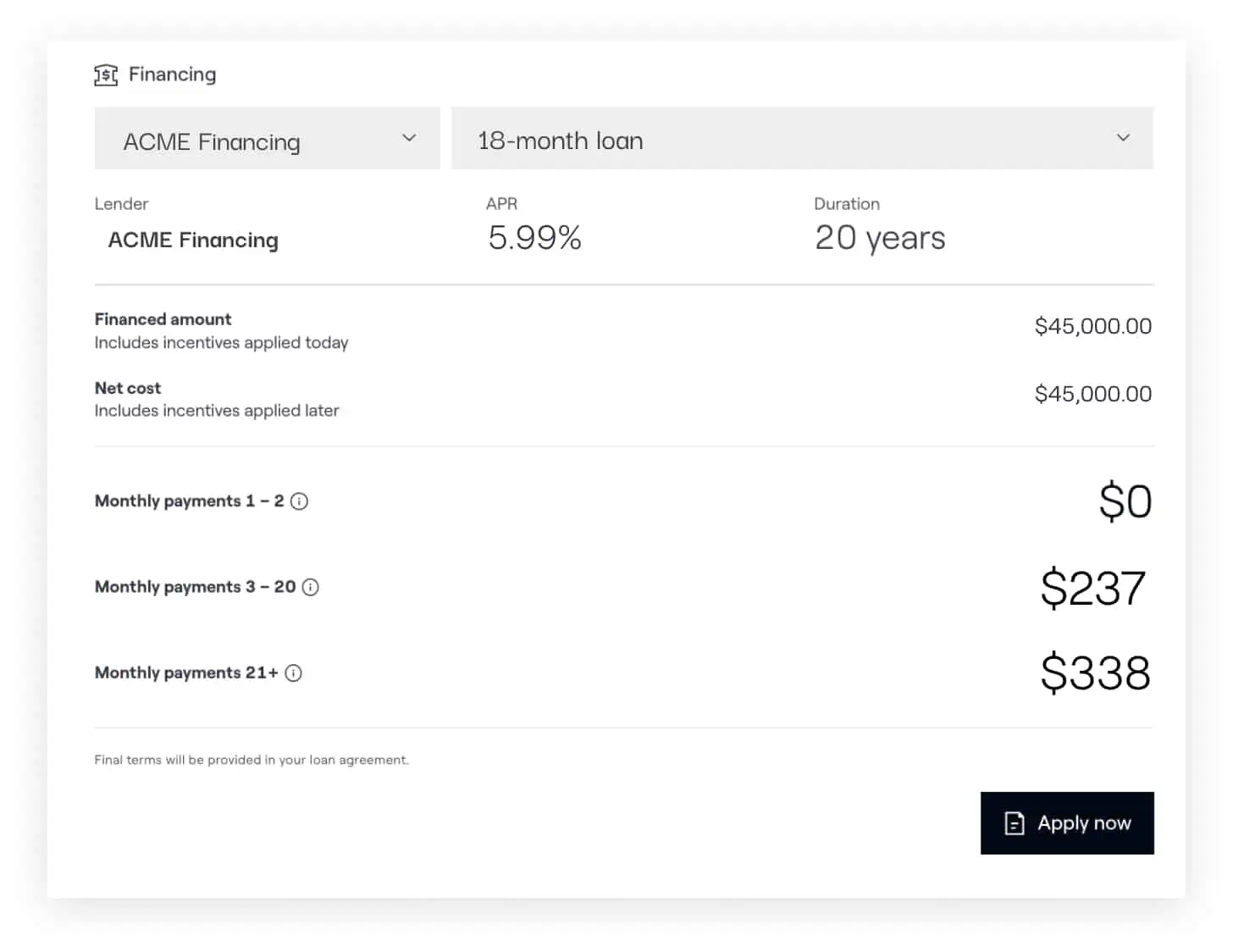 Financing plan interface highlighting an 18-month loan with a 5.99% APR