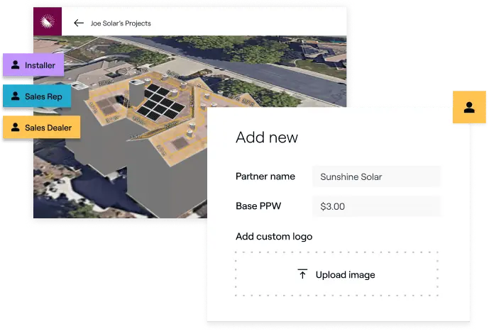 A screenshot showcasing a solar panel project management application interface with options for adding a new partner