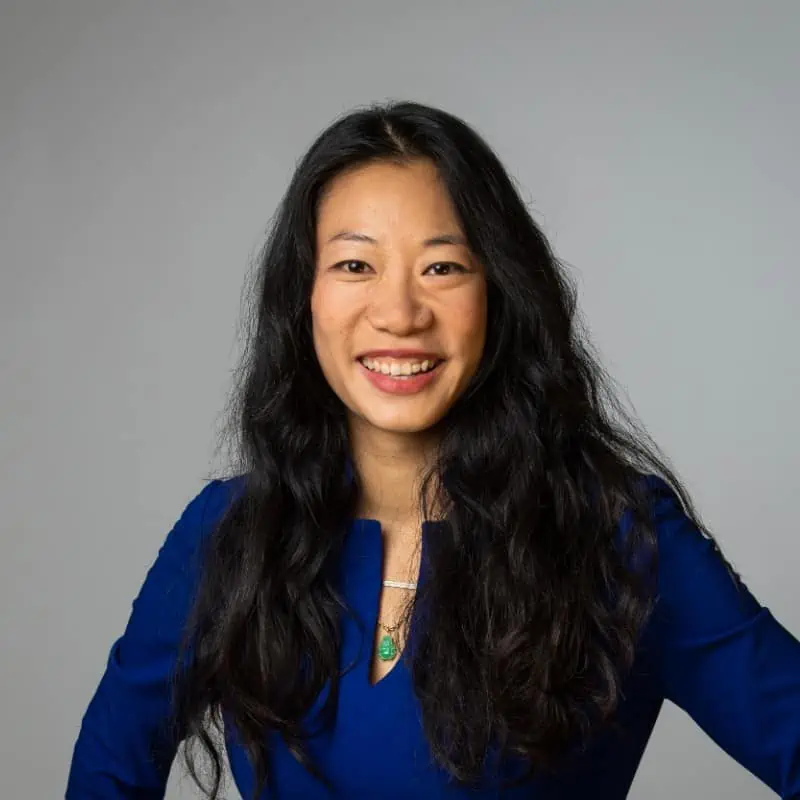 A smiling woman with long dark hair wearing a blue blouse and a necklace against a grey background.