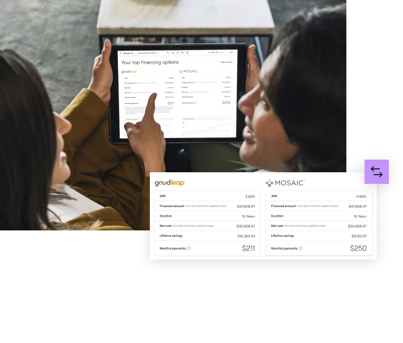 Two individuals collaboratively engaging with a financial application on a tablet, analyzing and discussing loan options and terms.