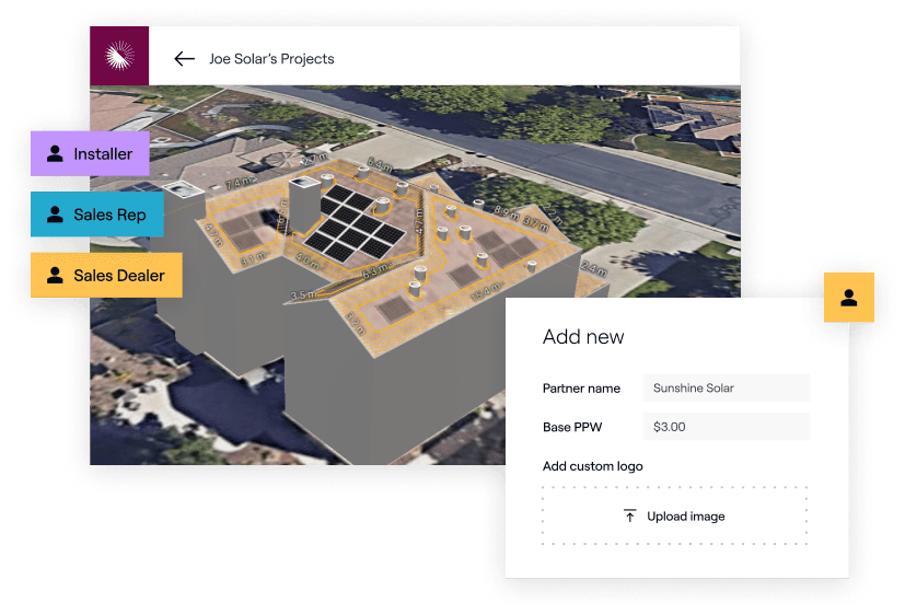 A solar project management software interface with a 3D rooftop solar model